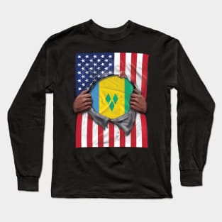 St Vincent And The Grenadines Flag American Flag Ripped - Gift for Saint Vincentian From St Vincent And The Grenadines Long Sleeve T-Shirt